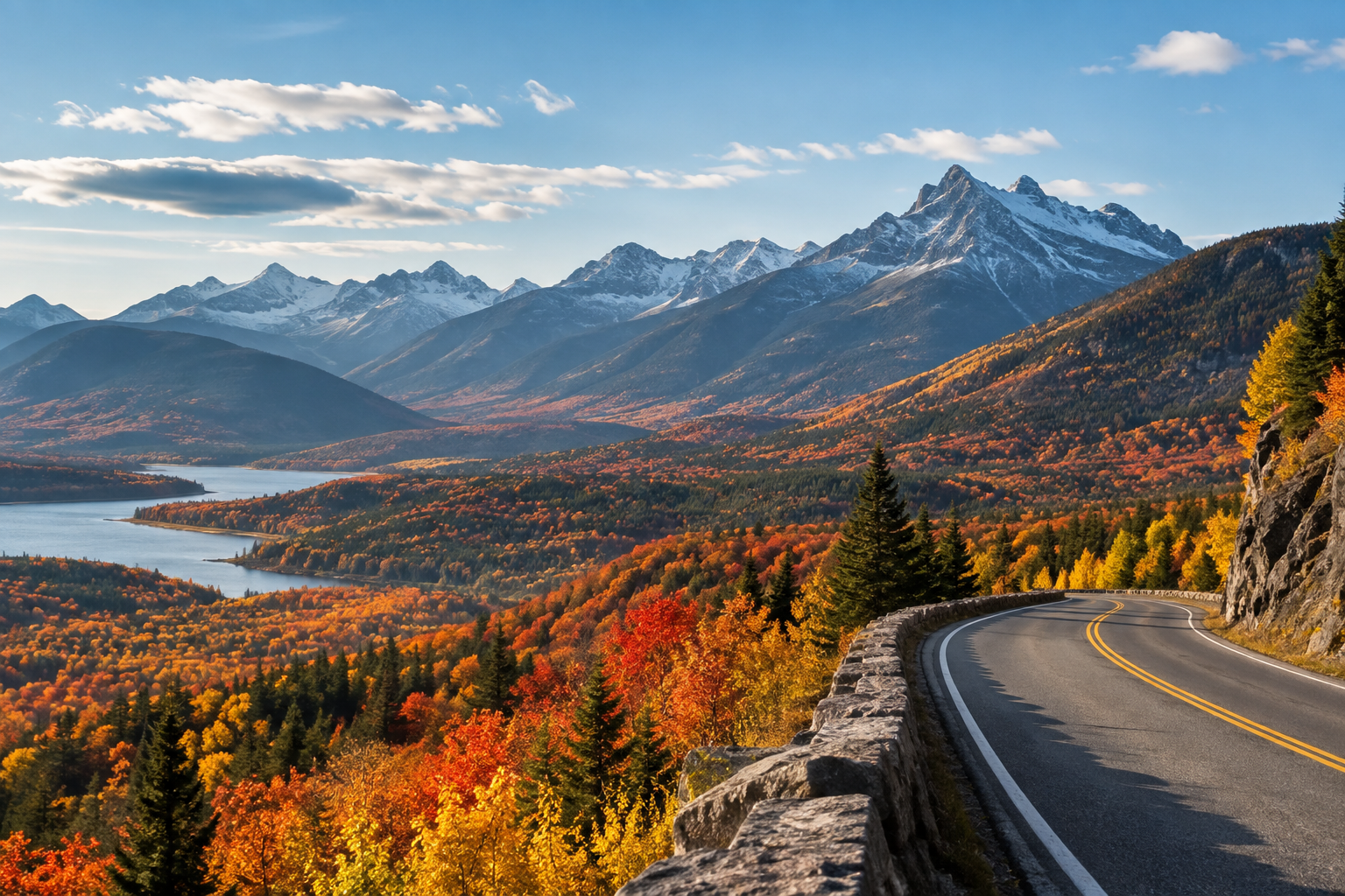 A scenic mountain highway overlook winding through vast rolling valleys of vibrant red, orange, and gold autumn canopy