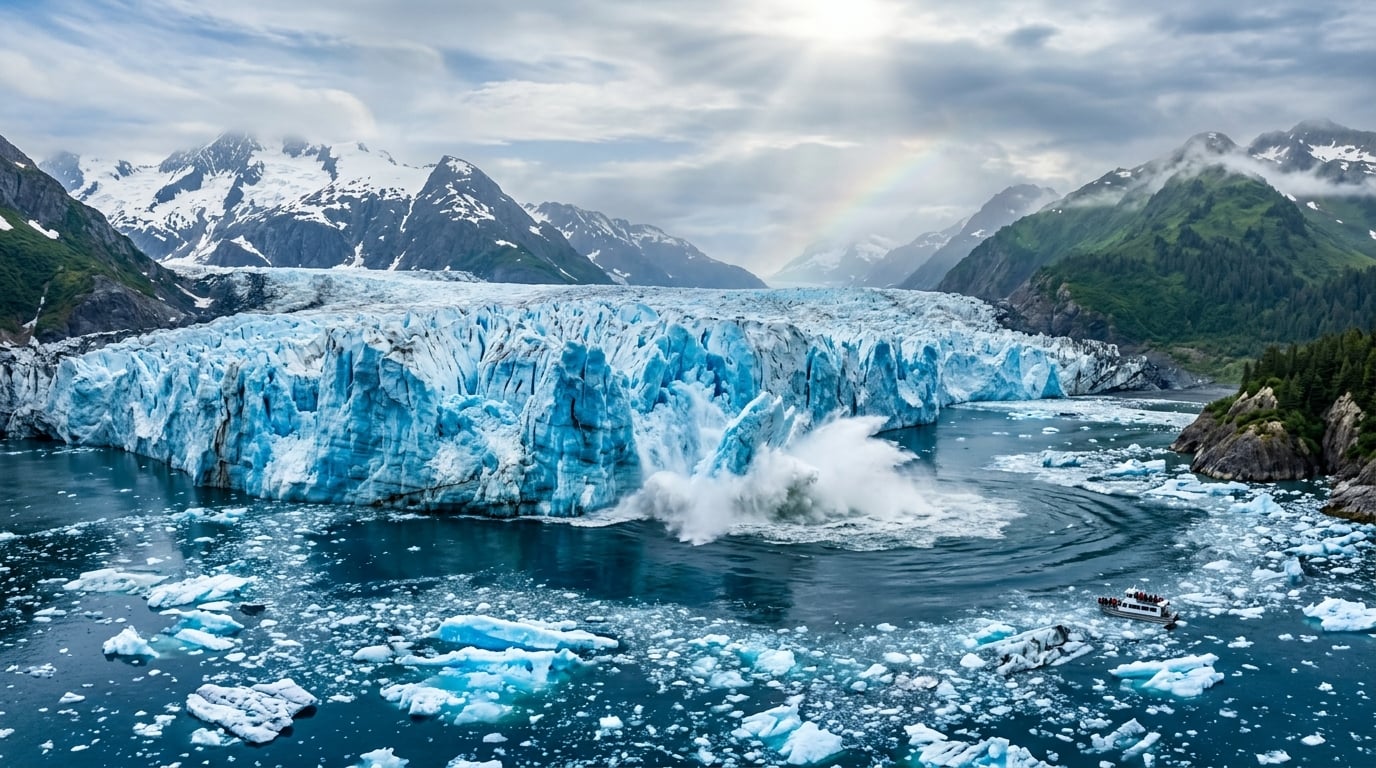 Aialik Glacier towering wall of vivid cobalt-blue ice calving into Kenai Fjords with floating icebergs