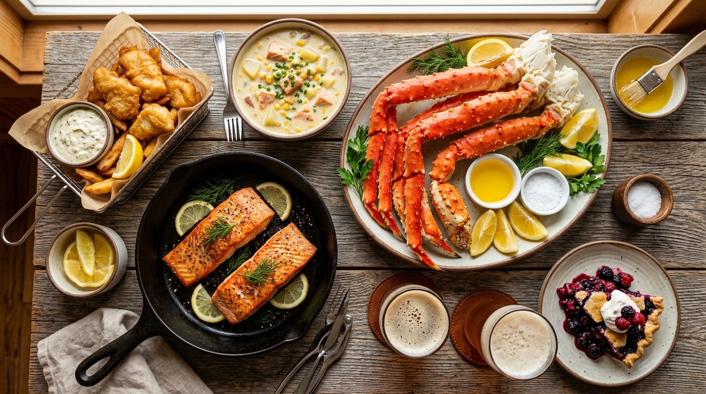 Overhead culinary feast of Alaskan red king crab wild sockeye salmon and halibut fish and chips