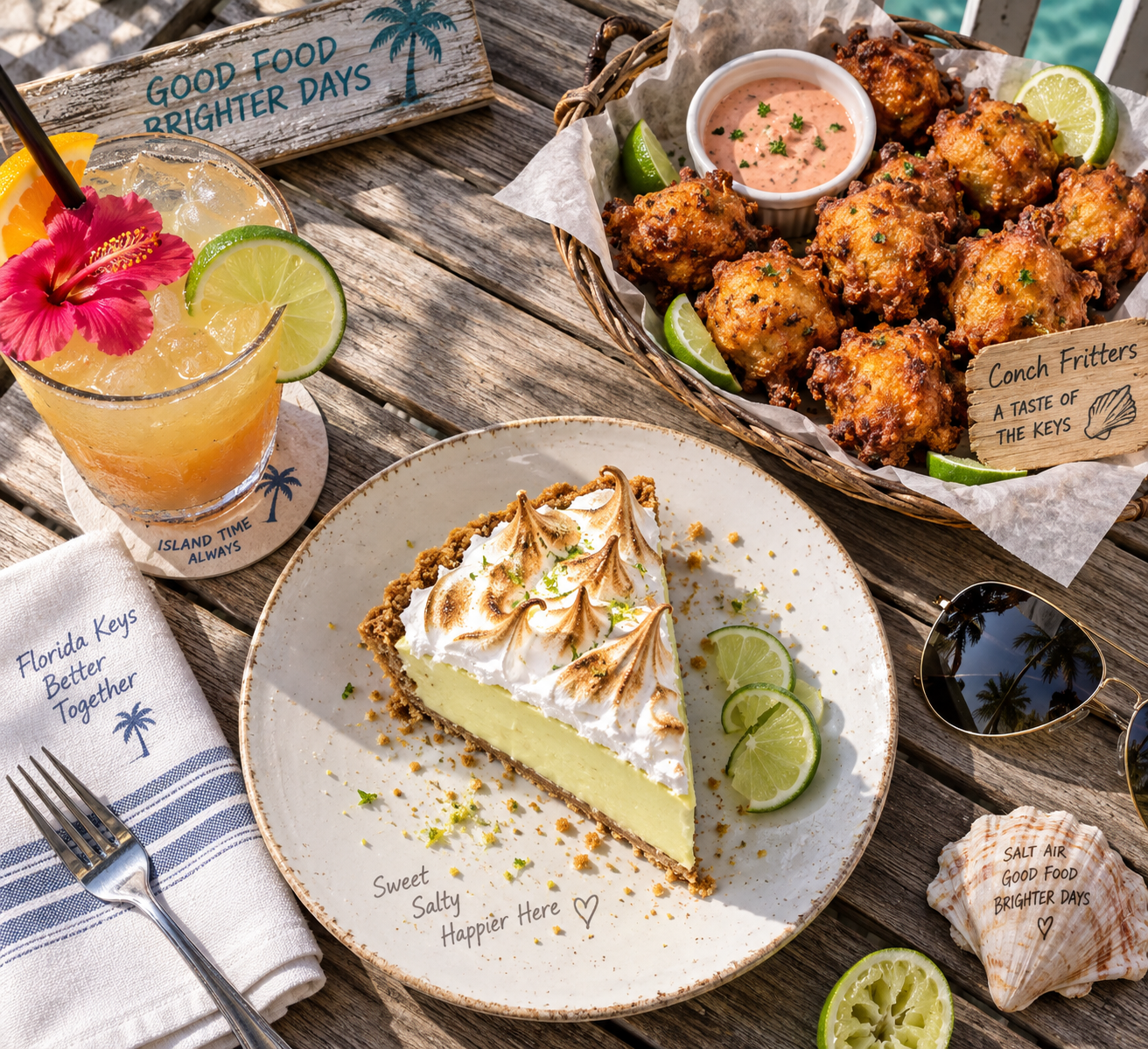 An overhead flat-lay photograph of an authentic Florida Keys tropical feast featuring a slice of Key lime pie with graham cracker crust and toasted meringue peaks, alongside golden conch fritters and lime wedges