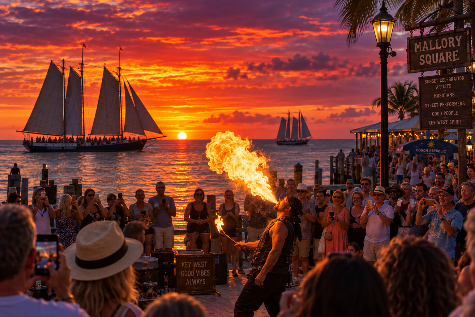 An eye-level evening photograph of the Mallory Square Sunset Celebration in Key West with crowds along the pier watching street performers with vintage sailboats silhouetted against a blazing sunset