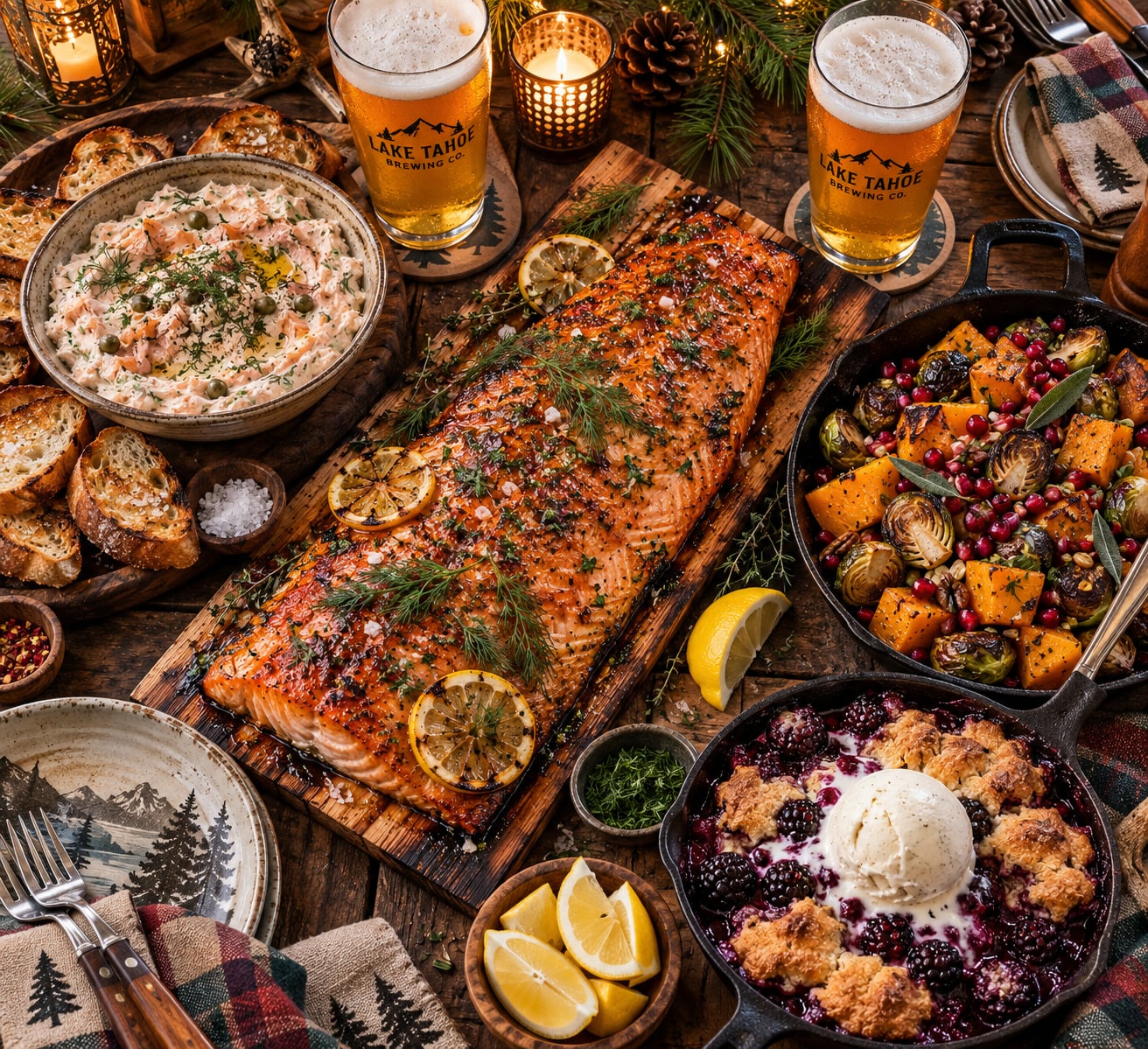 Overhead flat-lay food photograph of a rustic Sierra Nevada lakeside lodge dinner with whole cedar plank grilled king salmon and craft beer