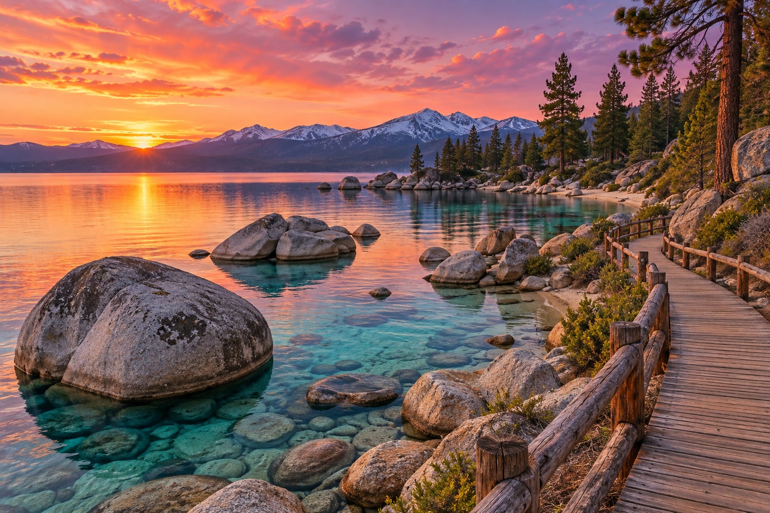 Eye-level evening photograph at Sand Harbor Lake Tahoe at sunset showing giant granite boulders in crystal clear turquoise water