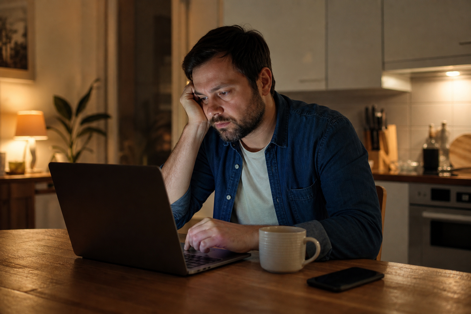 A professional searches for another job late at night but does not feel ready to leave
