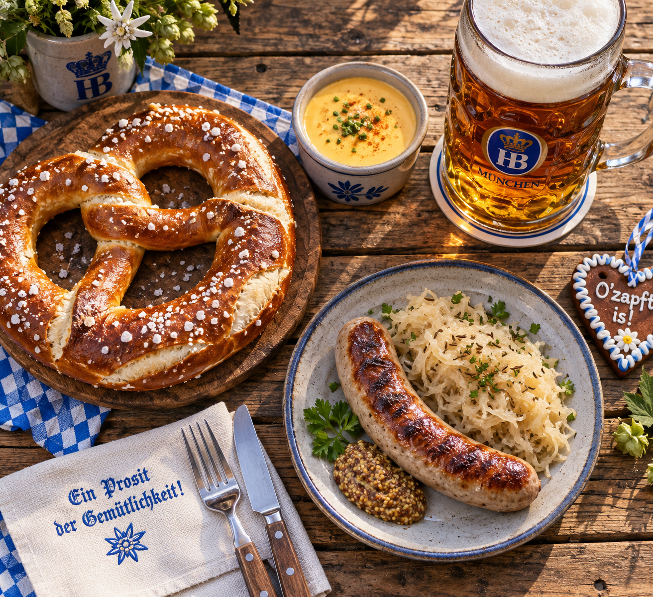 Overhead flat-lay photograph of an authentic Bavarian Oktoberfest feast on a rustic wooden beer garden table with giant salted pretzel, beer cheese, grilled bratwurst, and foamy amber marzen beer