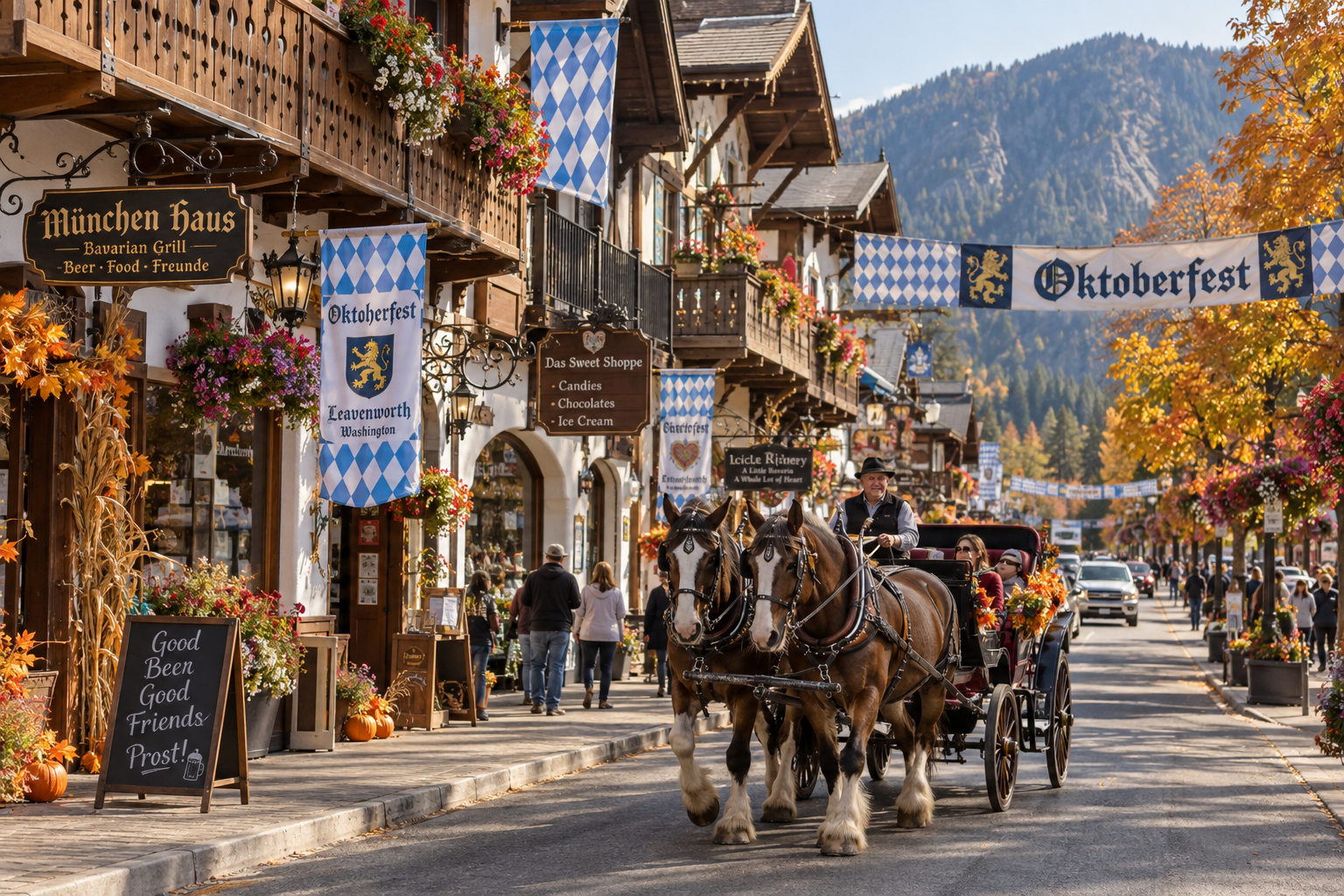 Front Street in Leavenworth Washington with charming Alpine timber-framed Bavarian chalets, flower boxes, festive banners, and a horse-drawn carriage
