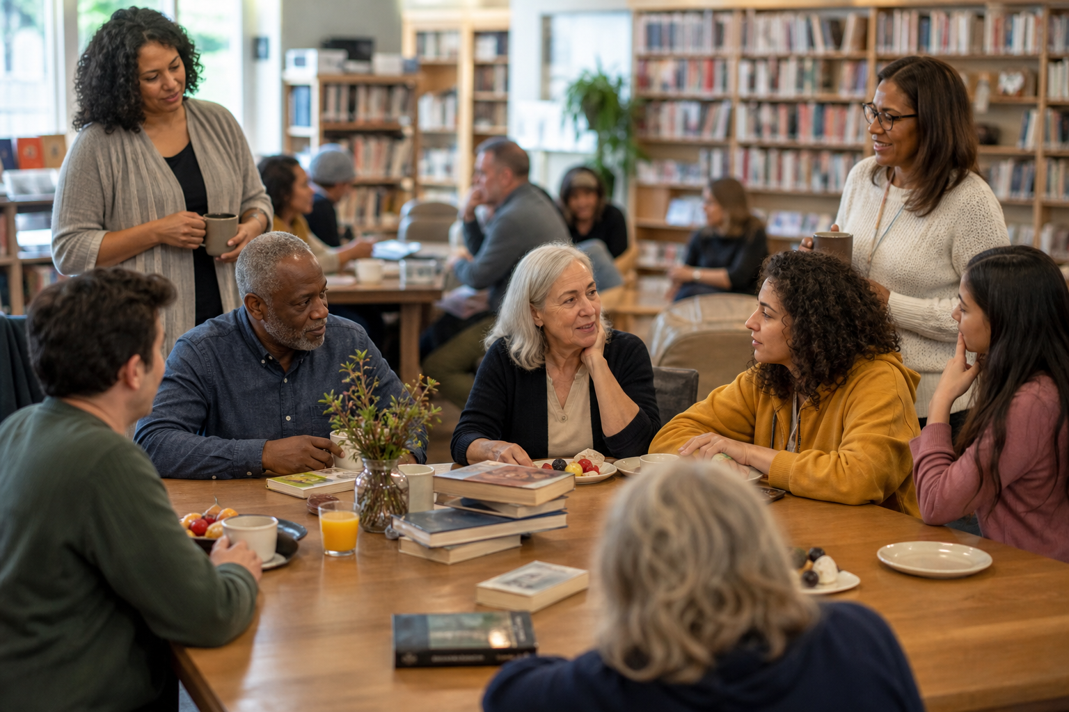 A public library community table lets people stay without first proving they can afford to be there