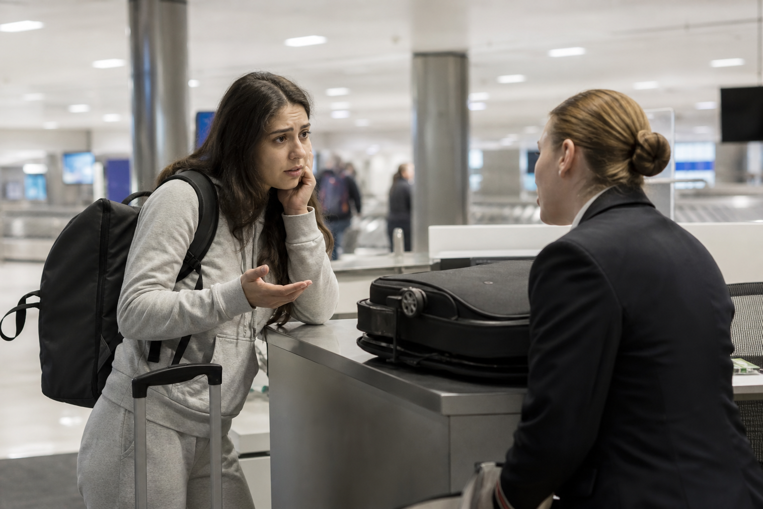 Hành khách làm việc với quầy baggage claim khi hành lý bị trễ hoặc thất lạc