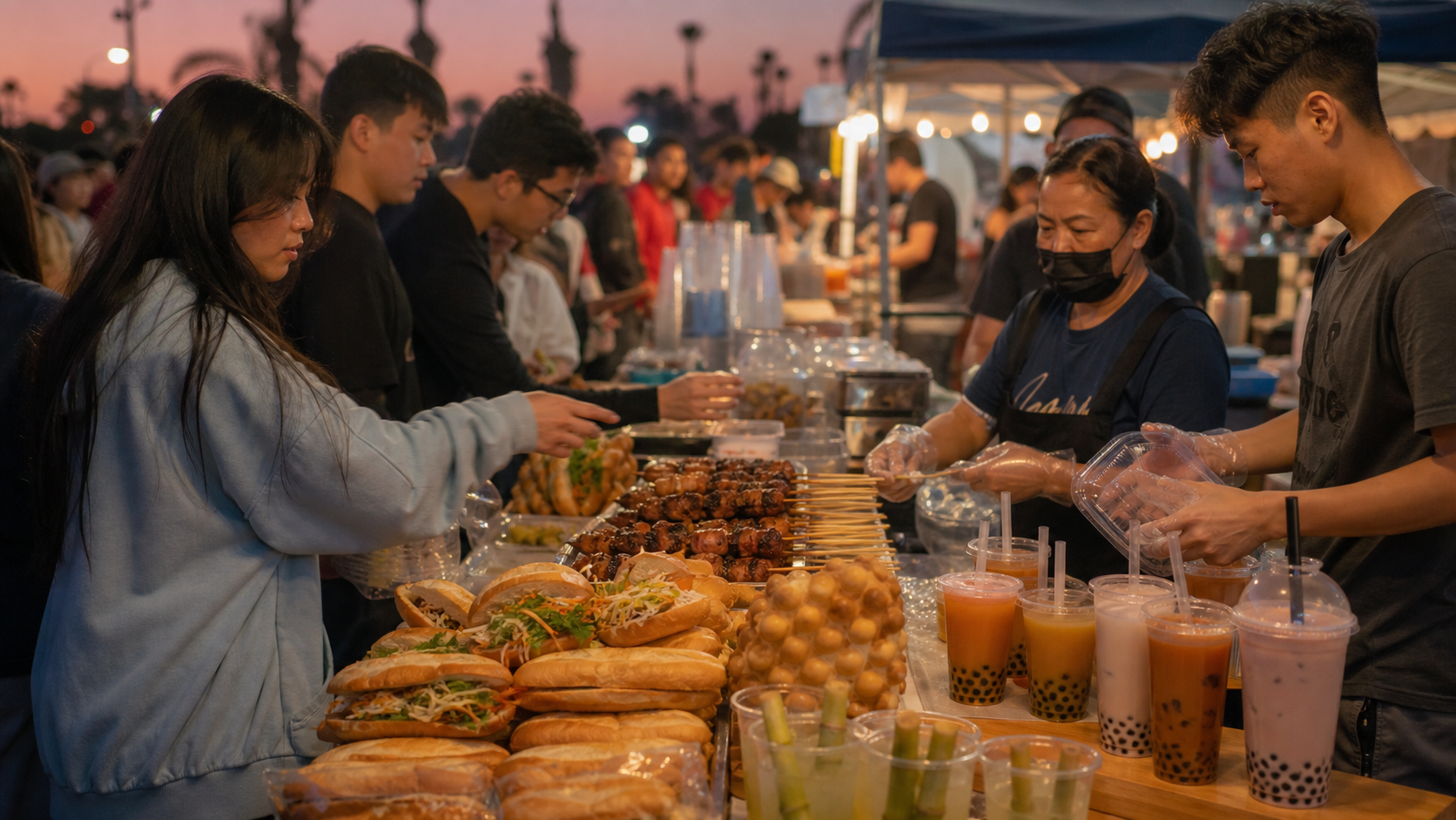 Vietnamese night market food spread with banh mi, grilled skewers and drinks