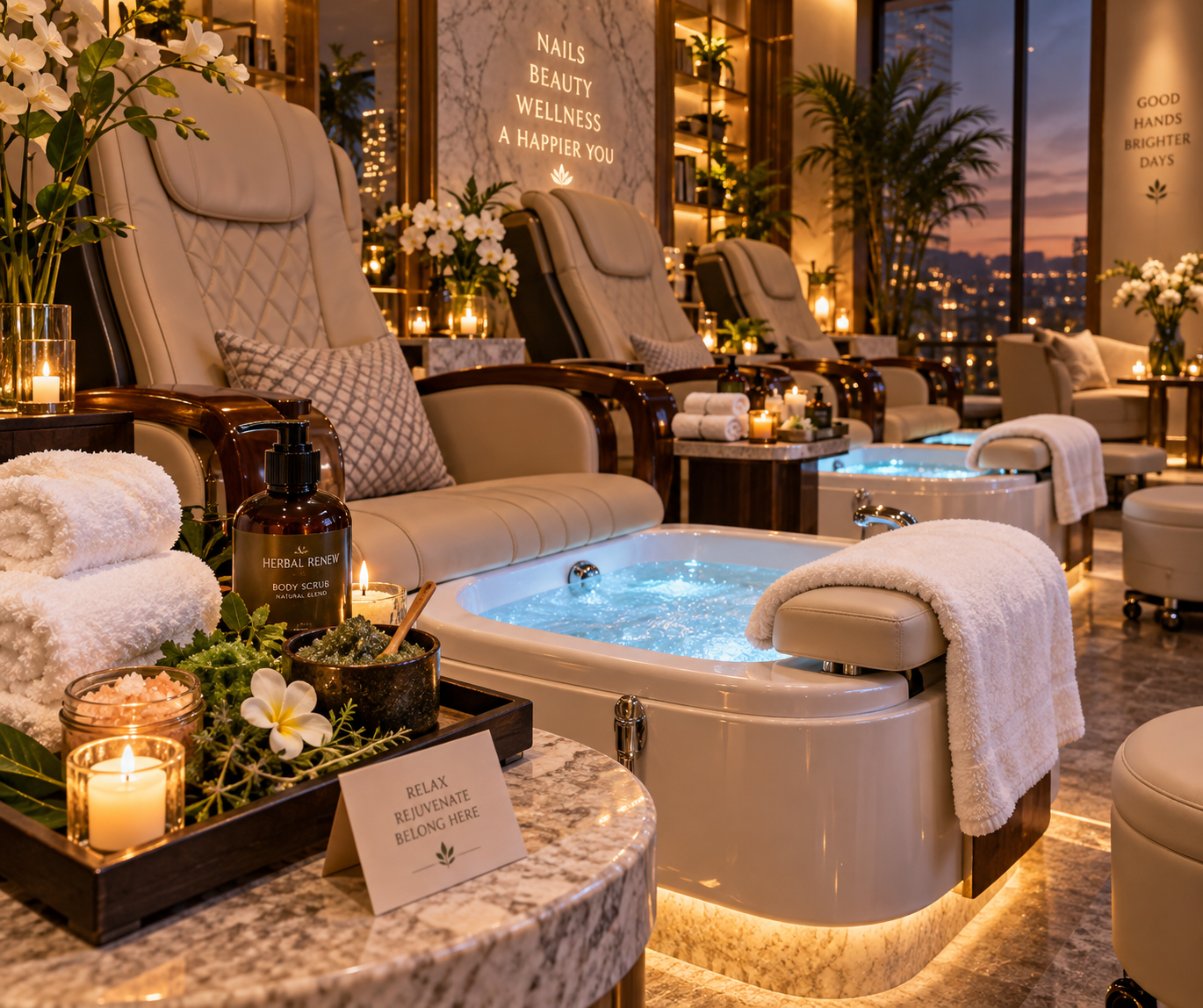 Khu vực ghế spa ngâm chân thư giãn với bồn sục nước ấm áp và khăn bông tinh tươm