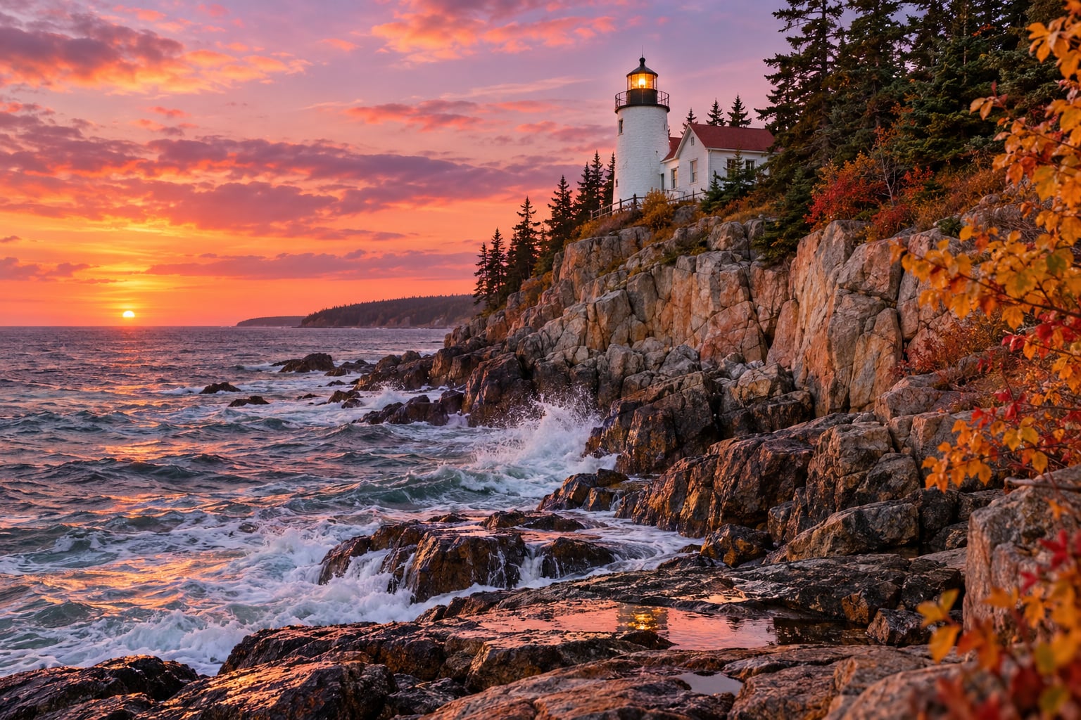 An eye-level atmospheric evening photograph of Bass Harbor Head Lighthouse in Acadia National Park Maine at twilight perched on granite cliffs with crashing waves and golden autumn trees