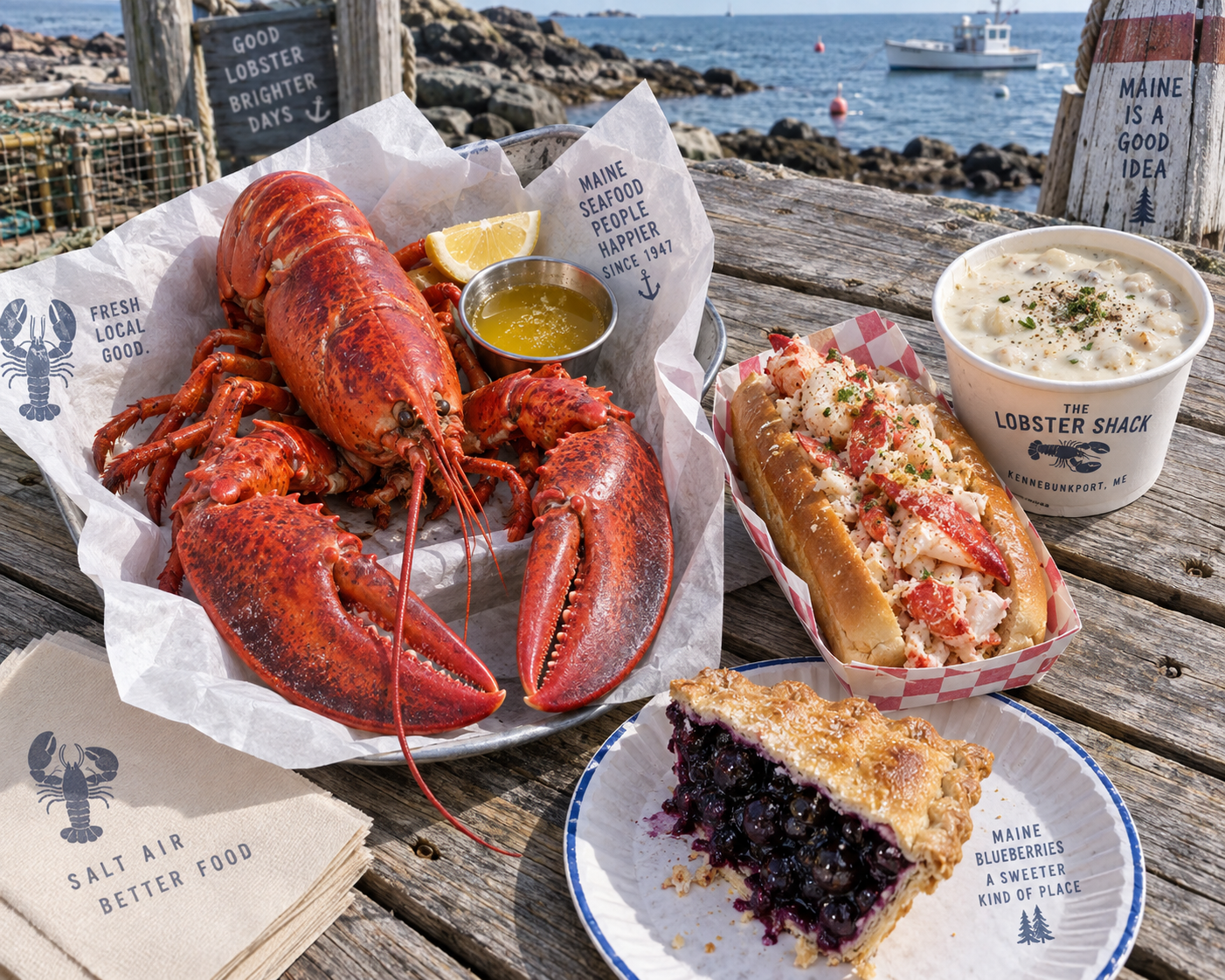 Overhead flat-lay photograph of a weathered wooden picnic table at a coastal Maine seafood shack with steamed lobster, buttery lobster roll, and blueberry pie