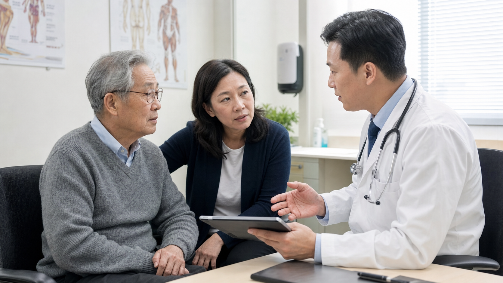 Cụ già đi khám bác sĩ cùng con cái
