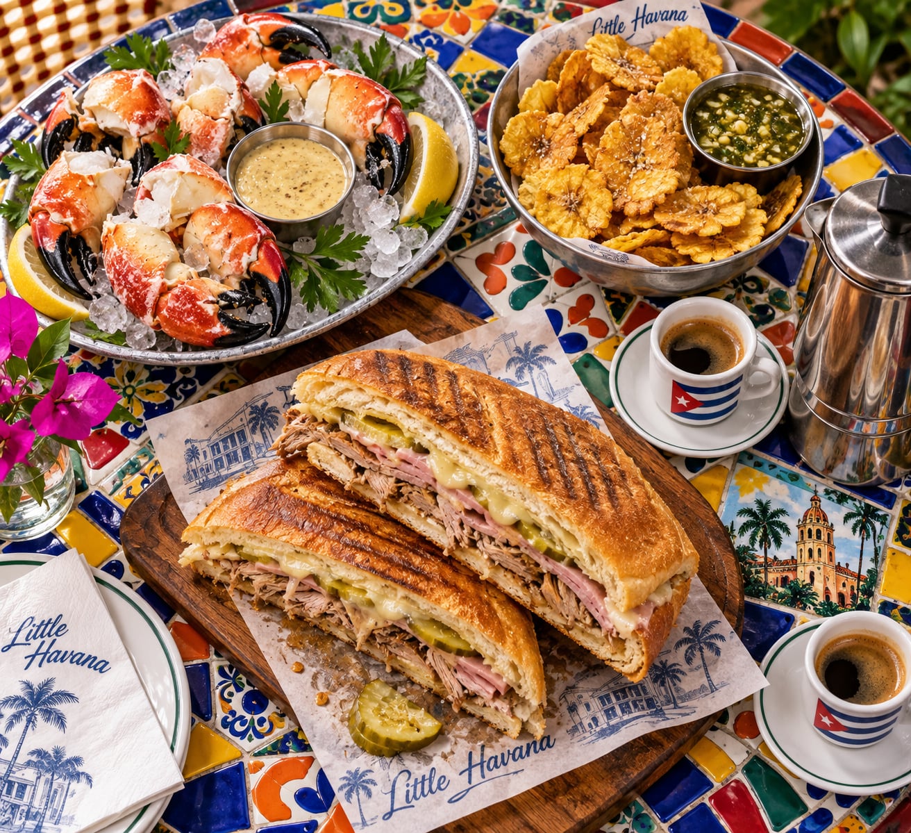 Miami Cuban Sandwich Stone Crab Feast Flatlay