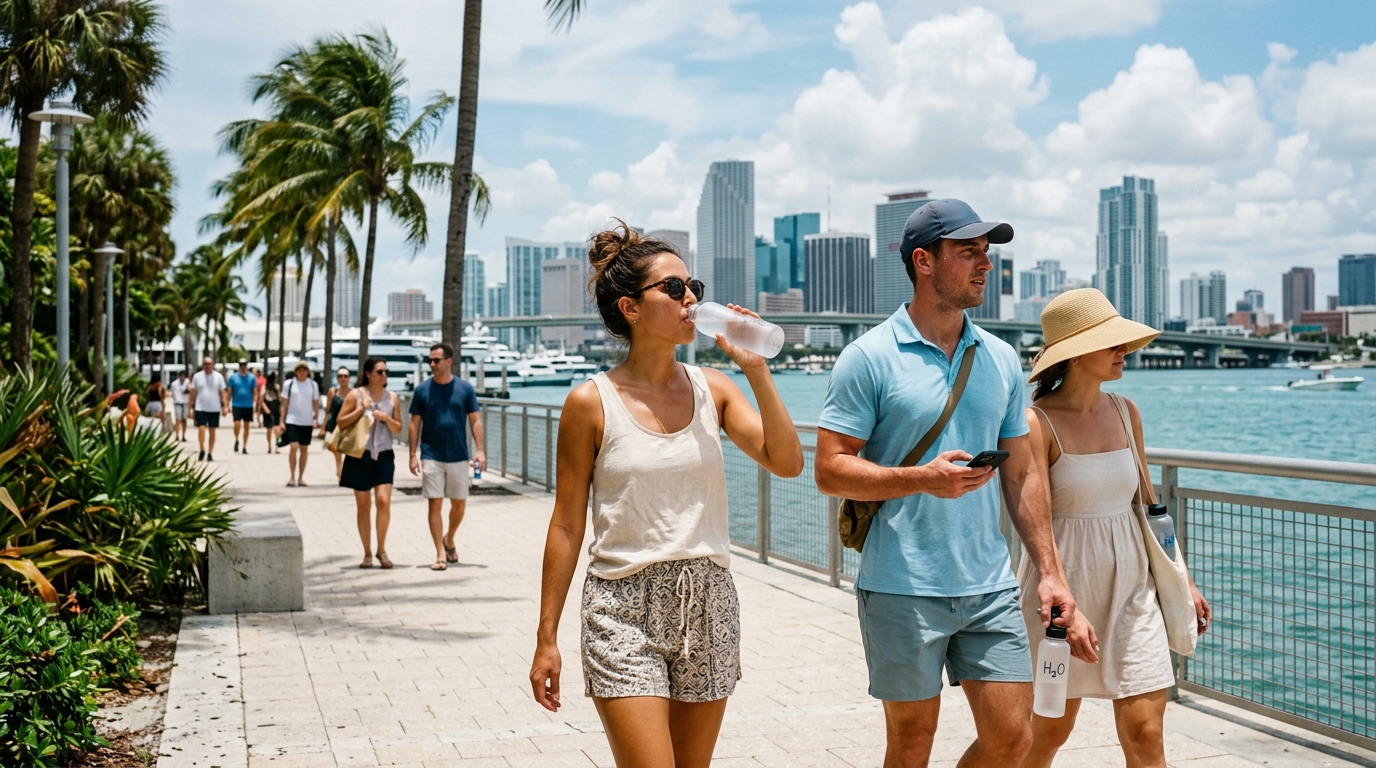 Visitors handling Miami summer heat near the waterfront