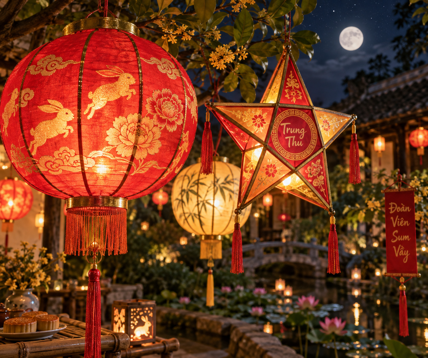 A vibrant display of traditional Mid-Autumn festival lanterns glowing in an outdoor evening garden