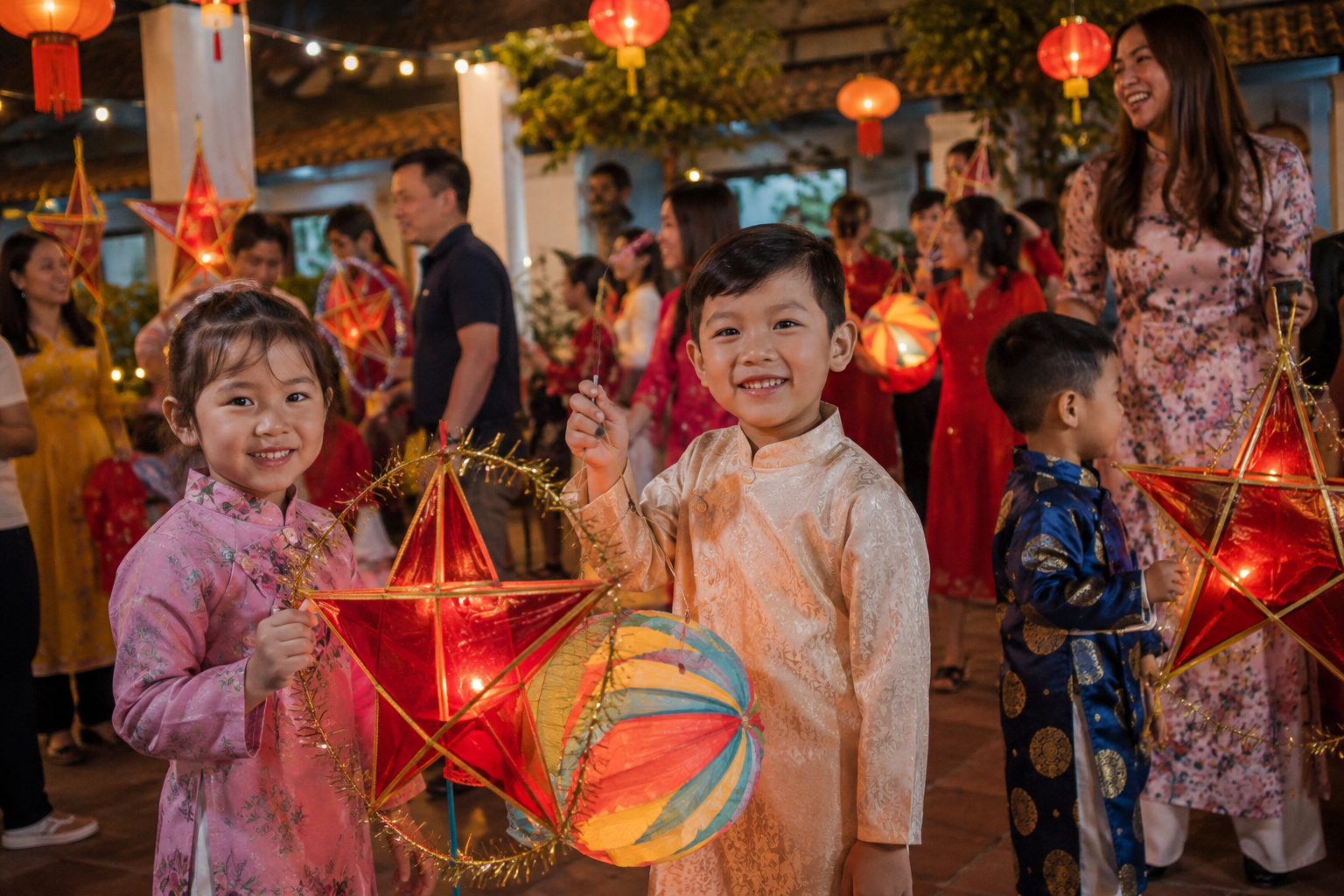 Các em nhỏ rước đèn ông sao rực rỡ tại lễ hội Trung Thu thương xá Phước Lộc Thọ