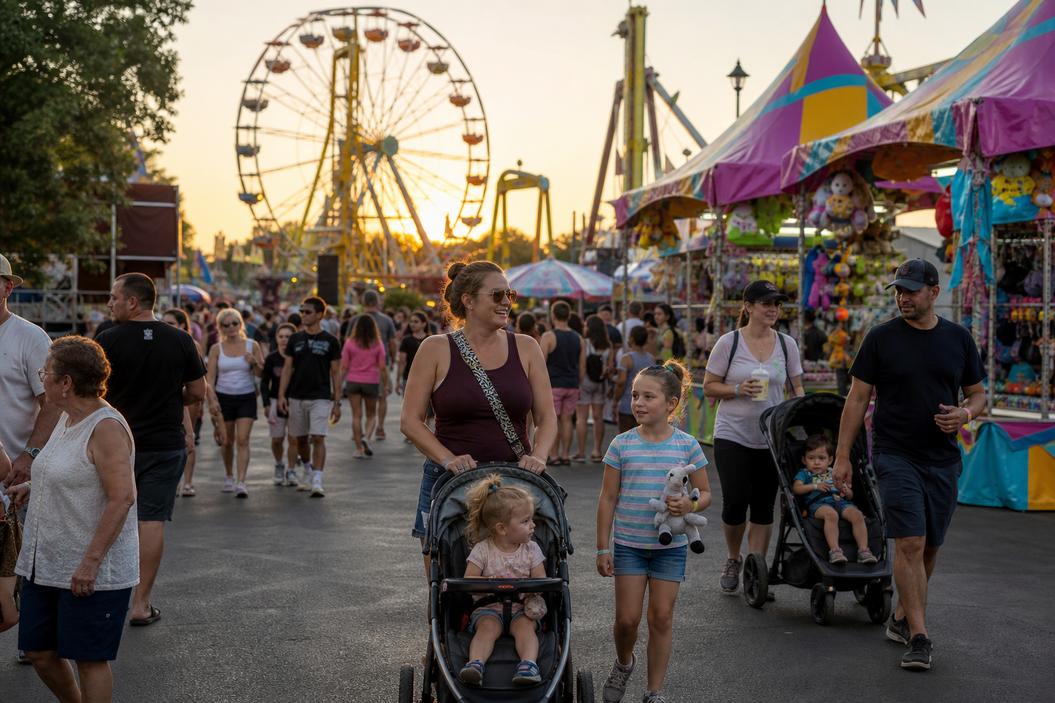 Families walking through the Minnesota State Fair at golden hour
