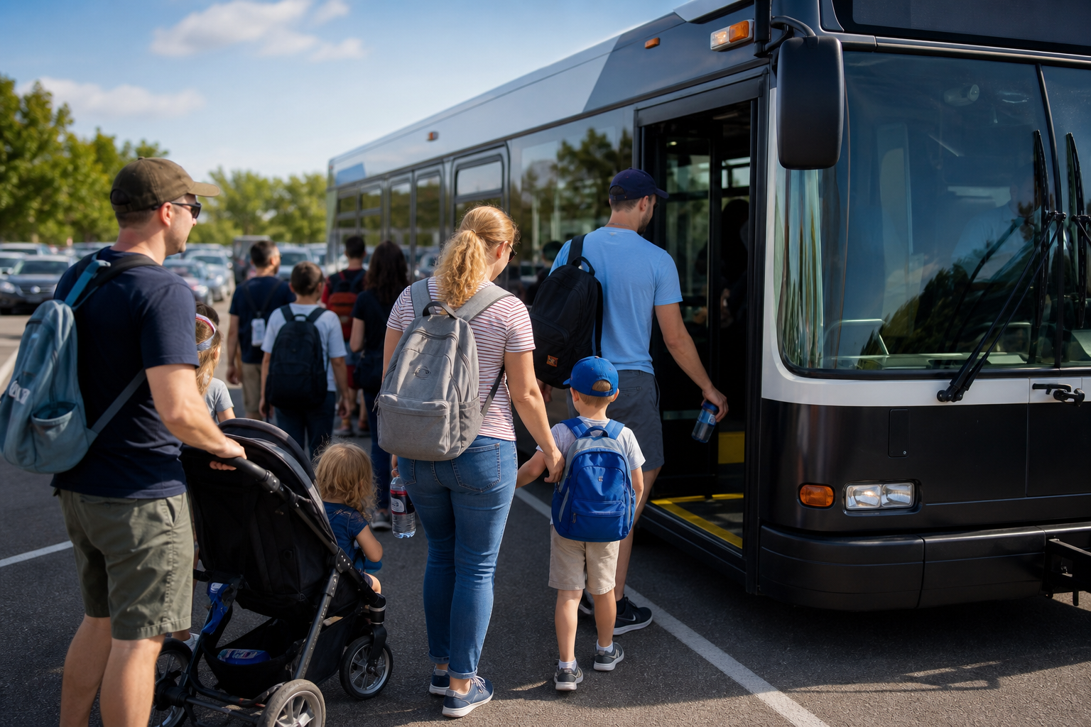 Visitors boarding a Minnesota State Fair Park and Ride bus