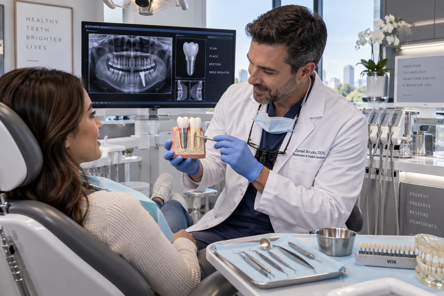 A pristine modern dental operatory room featuring precision instruments and dental implant models