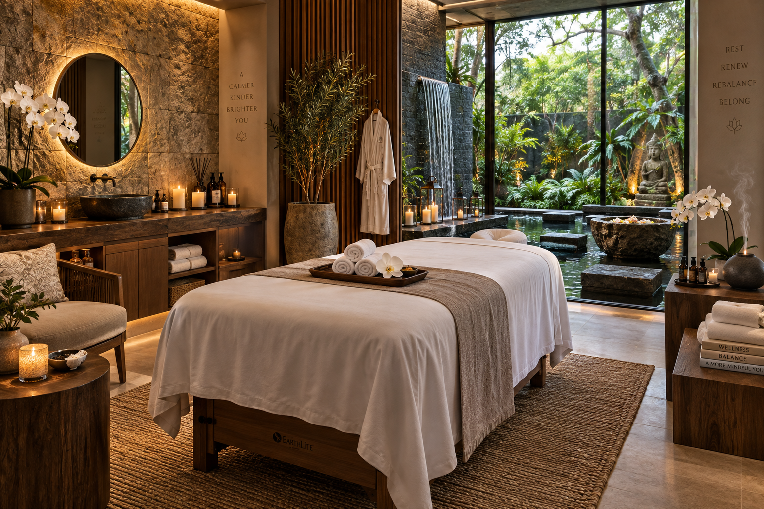 Interior of a luxurious modern Vietnamese head spa studio with private treatment booths and zen bamboo greenery