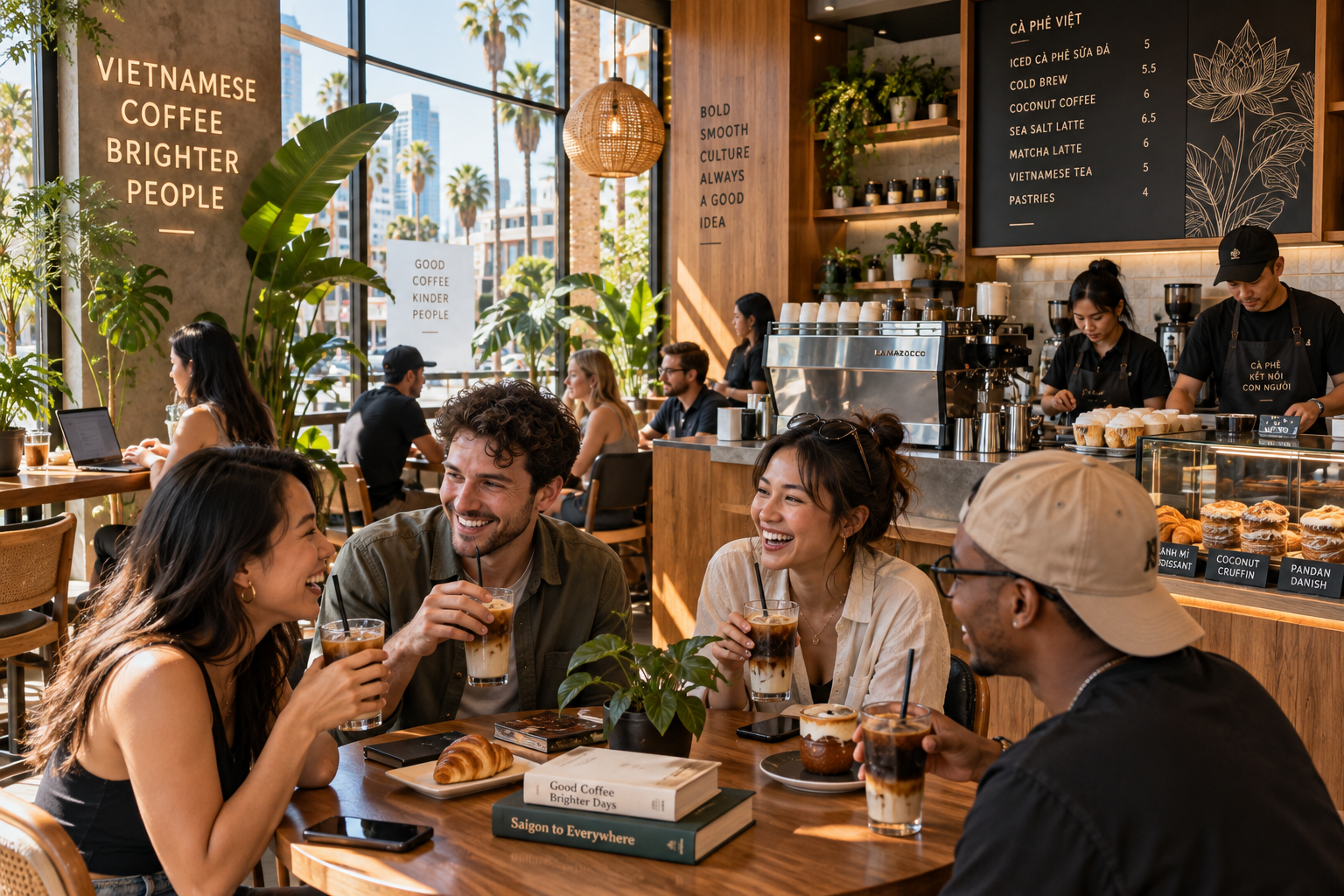 A stylish, bustling Vietnamese specialty coffee shop filled with plants and young patrons in an American city