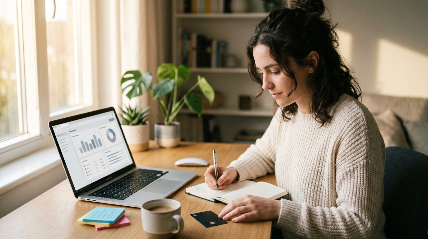 A calm money reset with a laptop and notebook