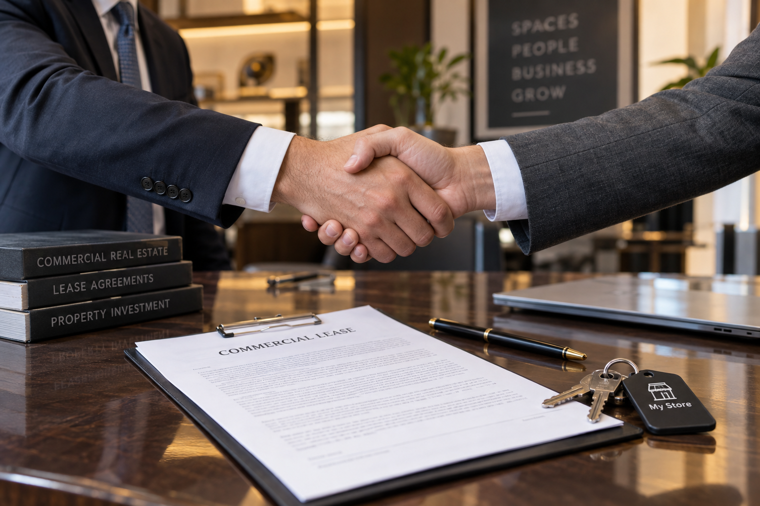 Two professionals shaking hands across a conference desk over commercial lease assignment documents and keys