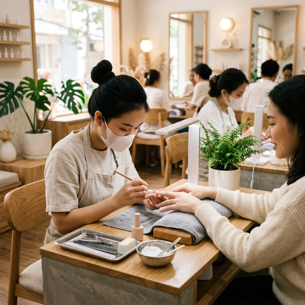 Thợ nail chăm sóc móng tự nhiên trong salon sạch, ánh sáng ấm