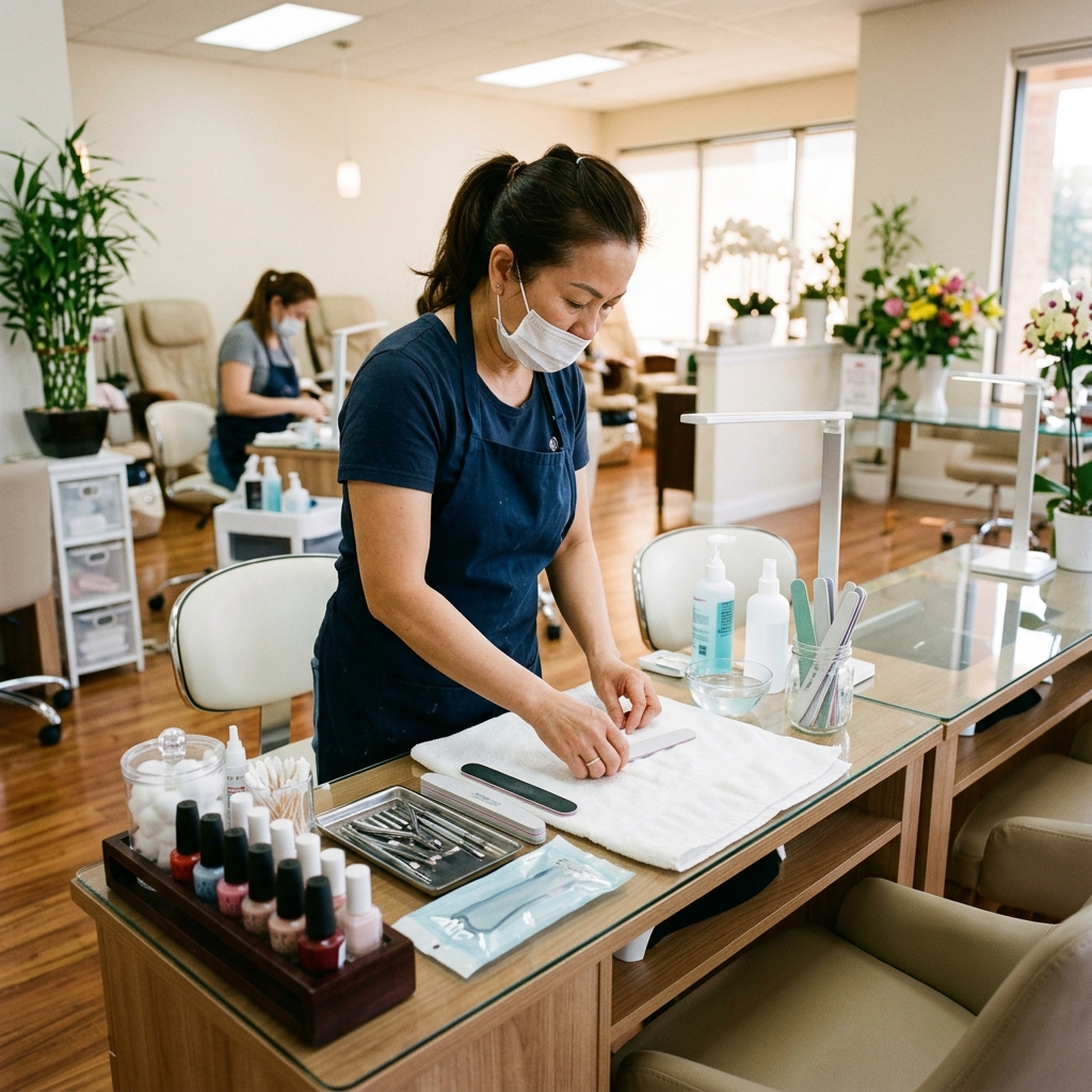 Dụng cụ nail được chuẩn bị sạch sẽ trước khi khách tới