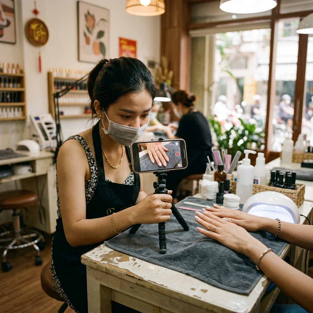 Thợ nail quay video ngắn bộ móng tối giản và pearl chrome
