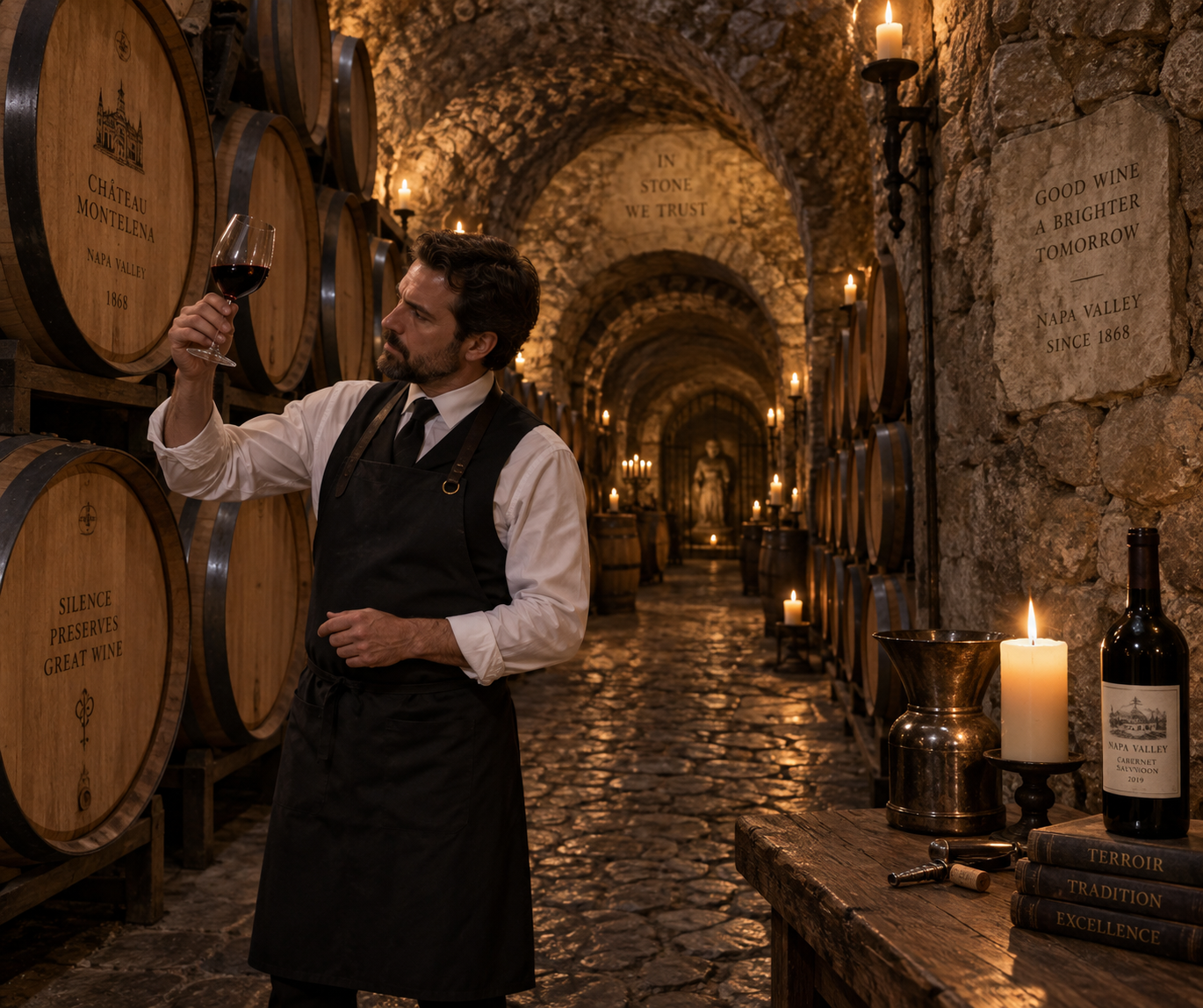 Historic 19th-century subterranean stone wine cave in Napa Valley with stacked French oak barrels and warm candlelight