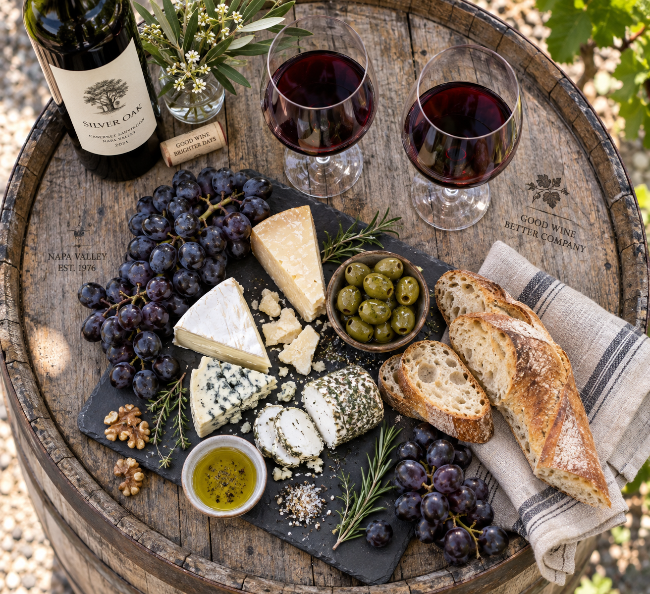 Overhead flat-lay photograph of a rustic wine tasting spread on a weathered oak barrel table with crystal glasses of Cabernet Sauvignon, artisanal cheeses, and fresh grapes