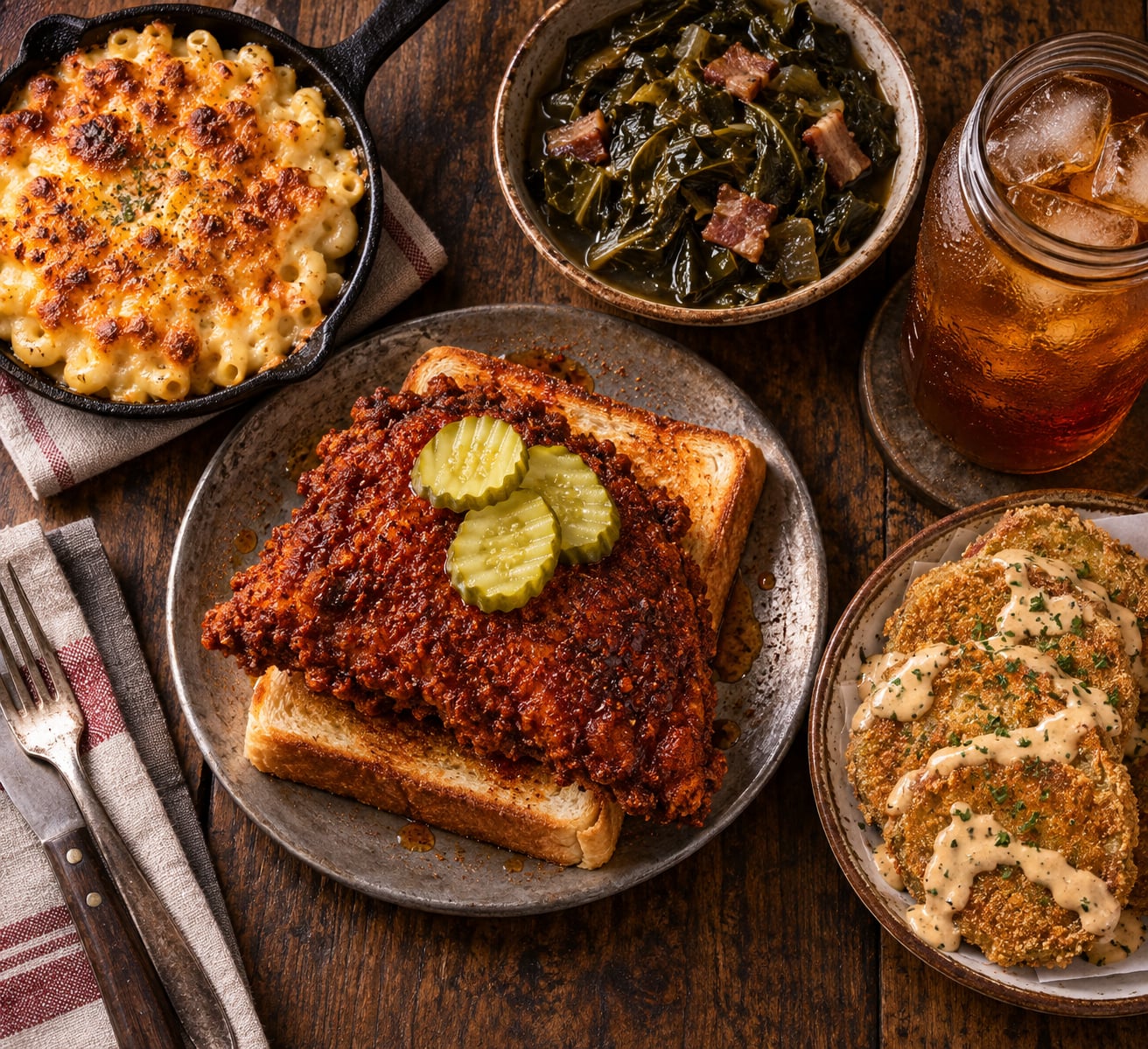 Bức ảnh chụp góc phẳng từ trên cao mâm tiệc ẩm thực miền Nam tại Nashville với dĩa gà rán cay xé lưỡi phủ sốt ớt cayenne đỏ au trên lát bánh mì trắng, chảo gang nui phô mai đút lò, rau cải hầm thịt ba rọi và ly trà ngọt mát lạnh