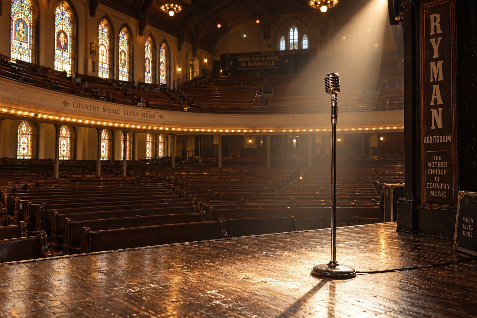 Bức ảnh chụp ngang mắt không gian nội thất trang nghiêm bên trong thánh đường âm nhạc Ryman Auditorium tại Nashville với những hàng ghế gỗ sồi uốn cong, cửa sổ kính màu và cây micro cổ điển trên sân khấu