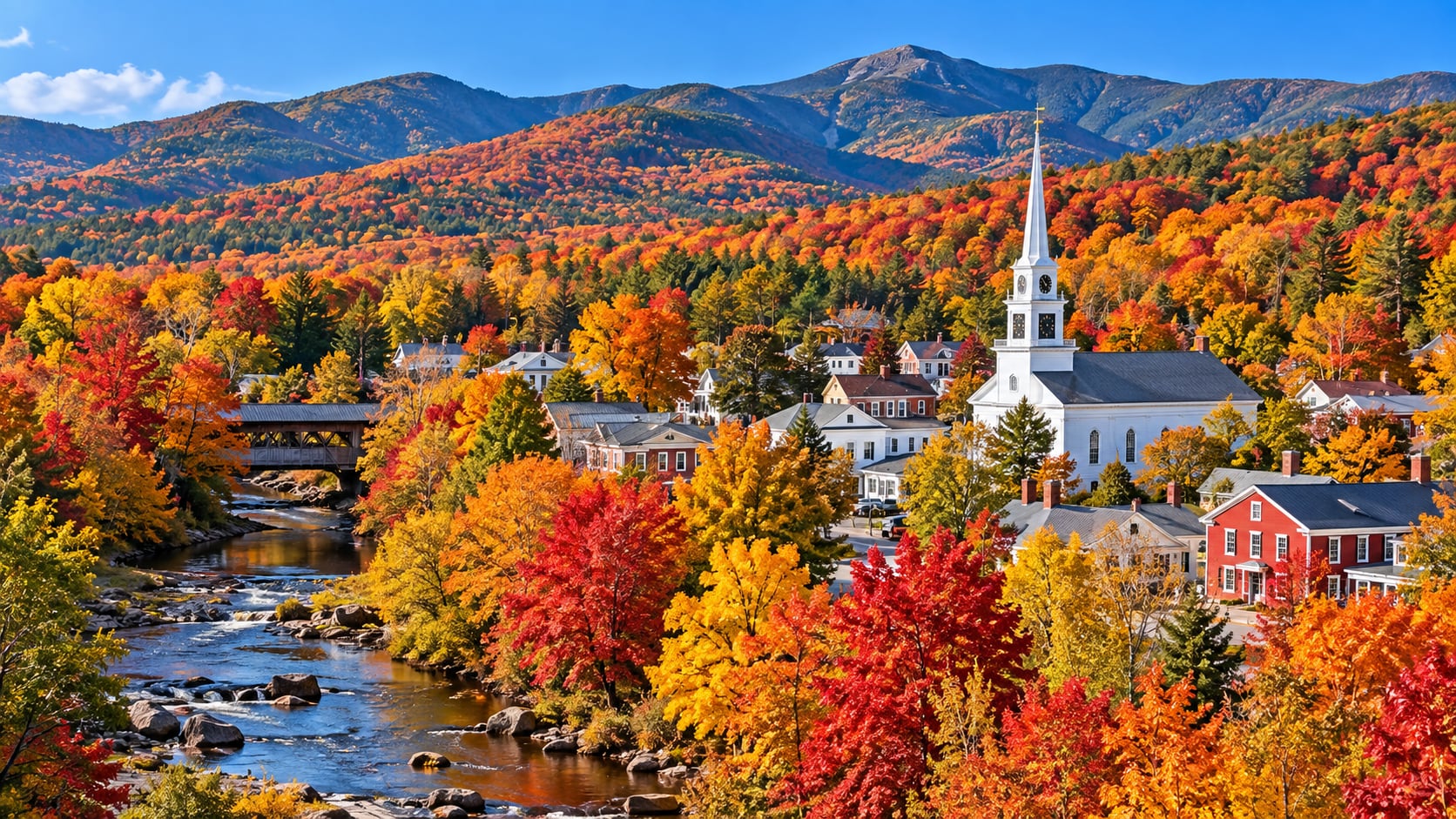 A wide-angle landscape photograph of a quaint historic New England village in Stowe Vermont during peak autumn fall foliage with blazing sugar maple hillsides and a white church steeple