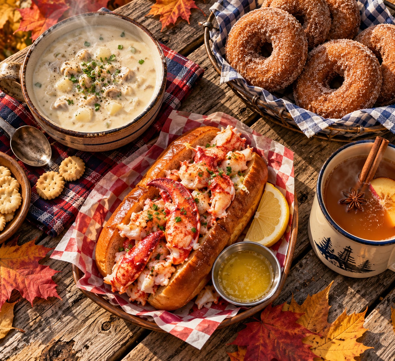 An overhead flat-lay photograph of an authentic New England autumn feast featuring a warm Maine lobster roll in a brioche bun, clam chowder, apple cider donuts, and hot spiced apple cider
