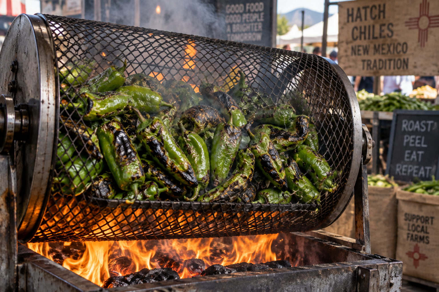 Fresh green Hatch chile peppers roasting over open flames inside a rotating steel barrel cage, charred skin blistering with smoky steam