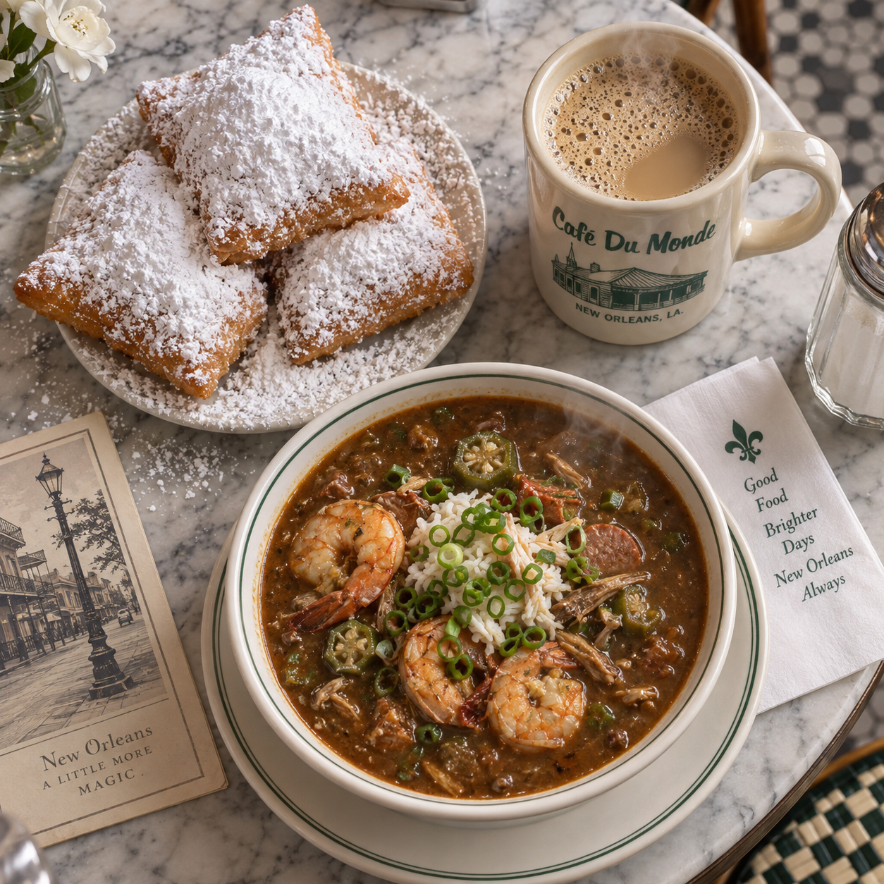 Mâm tiệc ẩm thực Creole New Orleans trên chiếc bàn đá cẩm thạch cổ với ba chiếc bánh chiên beignet phủ ngập đường tuyết trắng ly cà phê sữa béo ngậy và tô súp gumbo hải sản đậm đà