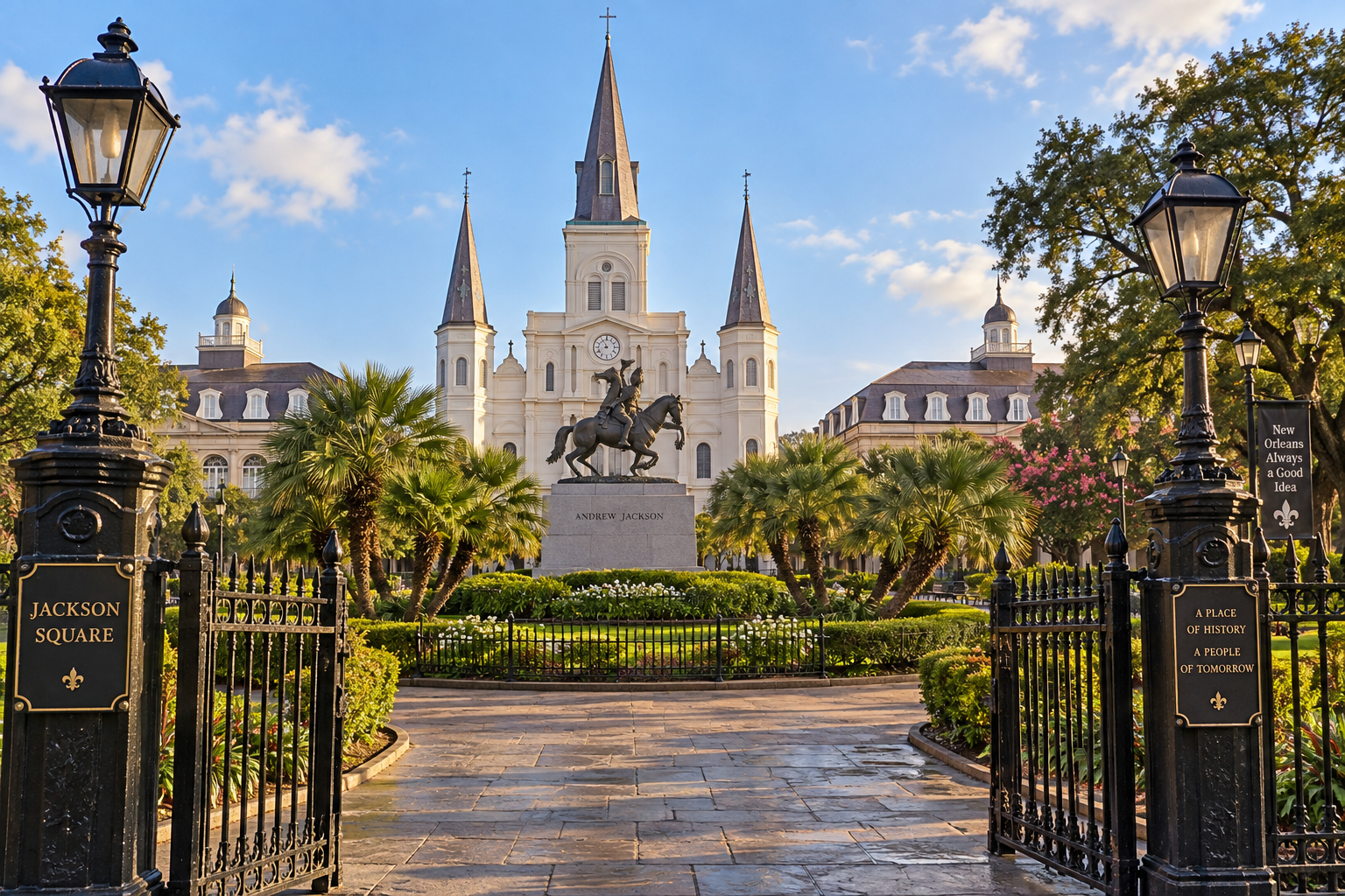 Toàn cảnh quảng trường Jackson Square tại khu phố Pháp French Quarter ở New Orleans với ba tòa tháp nhọn trắng muốt của nhà thờ St. Louis Cathedral vươn cao dưới bầu trời xanh