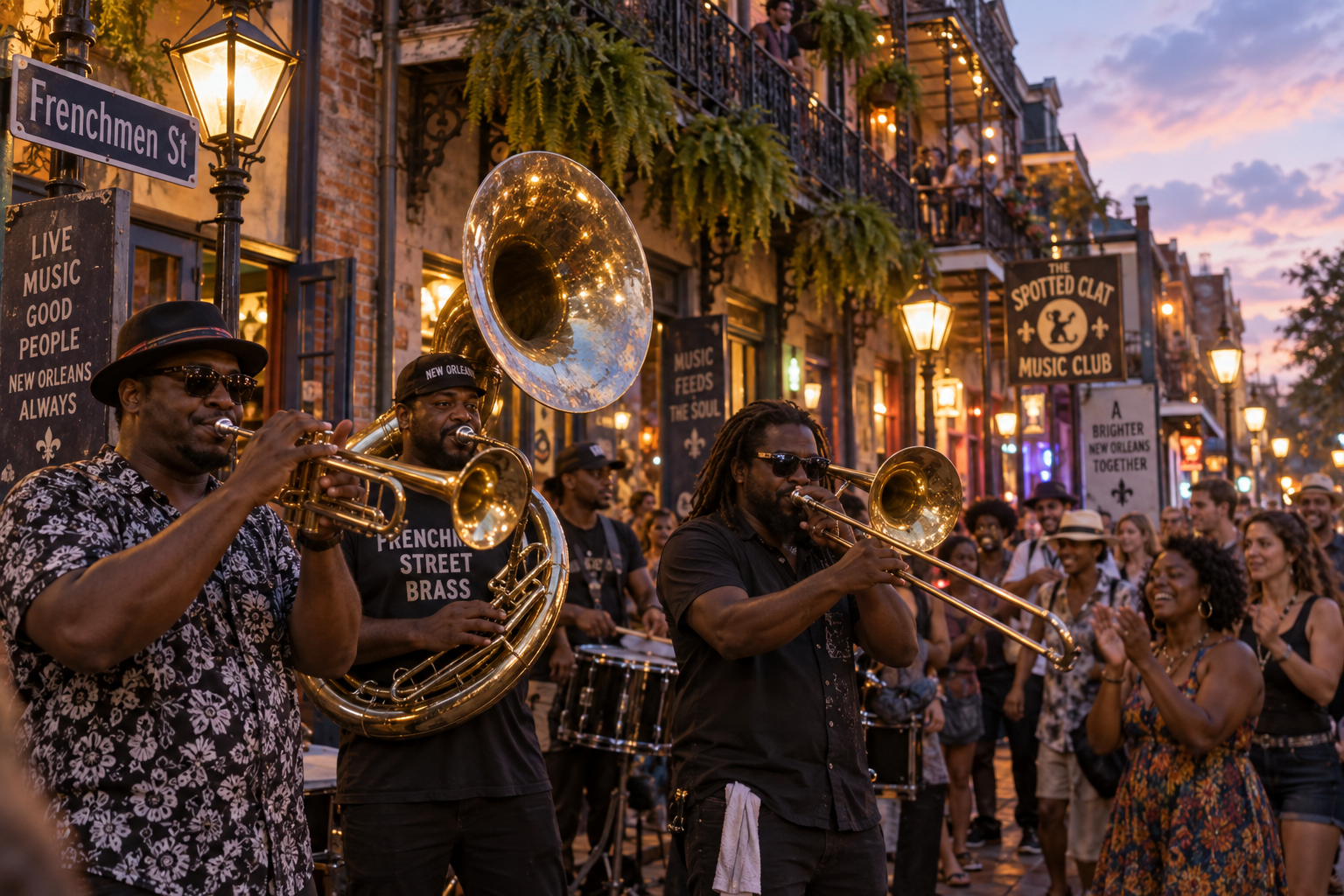 Ban nhạc kèn đồng đường phố đang say sưa biểu diễn trên phố Frenchmen ở New Orleans với những cây kèn trumpet trombone và sousaphone sáng lấp lánh dưới ánh đèn lồng khí đốt