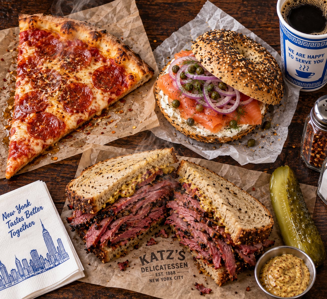 Classic New York Deli Pizza and Bagel Feast