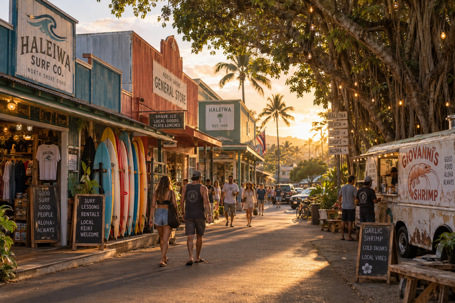 Góc chụp tầm mắt tại thị trấn cổ Haleiwa ở North Shore Hawaii lúc chiều tà với những dãy nhà gỗ đồn điền rực rỡ sắc màu và ván lướt sóng xếp trước cửa tiệm