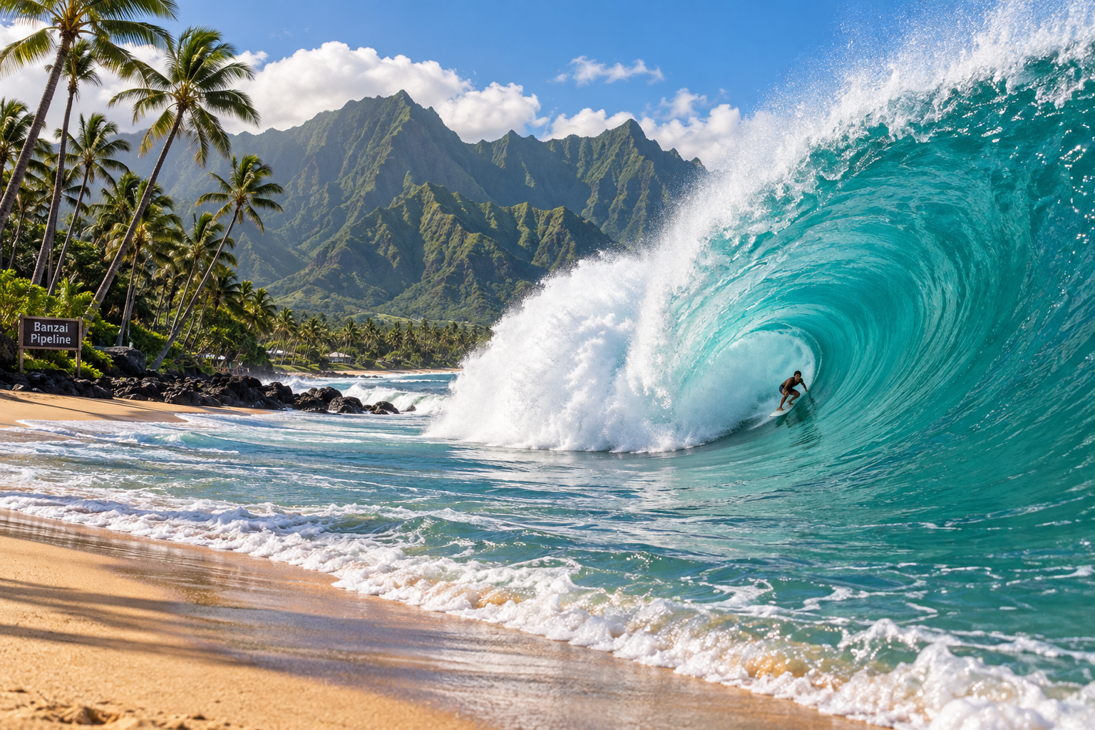 Khung cảnh thiên nhiên kỳ vĩ tại bờ bắc đảo Oahu Hawaii với con sóng thần màu xanh ngọc bích cuộn tròn hình ống tại bãi biển Banzai Pipeline