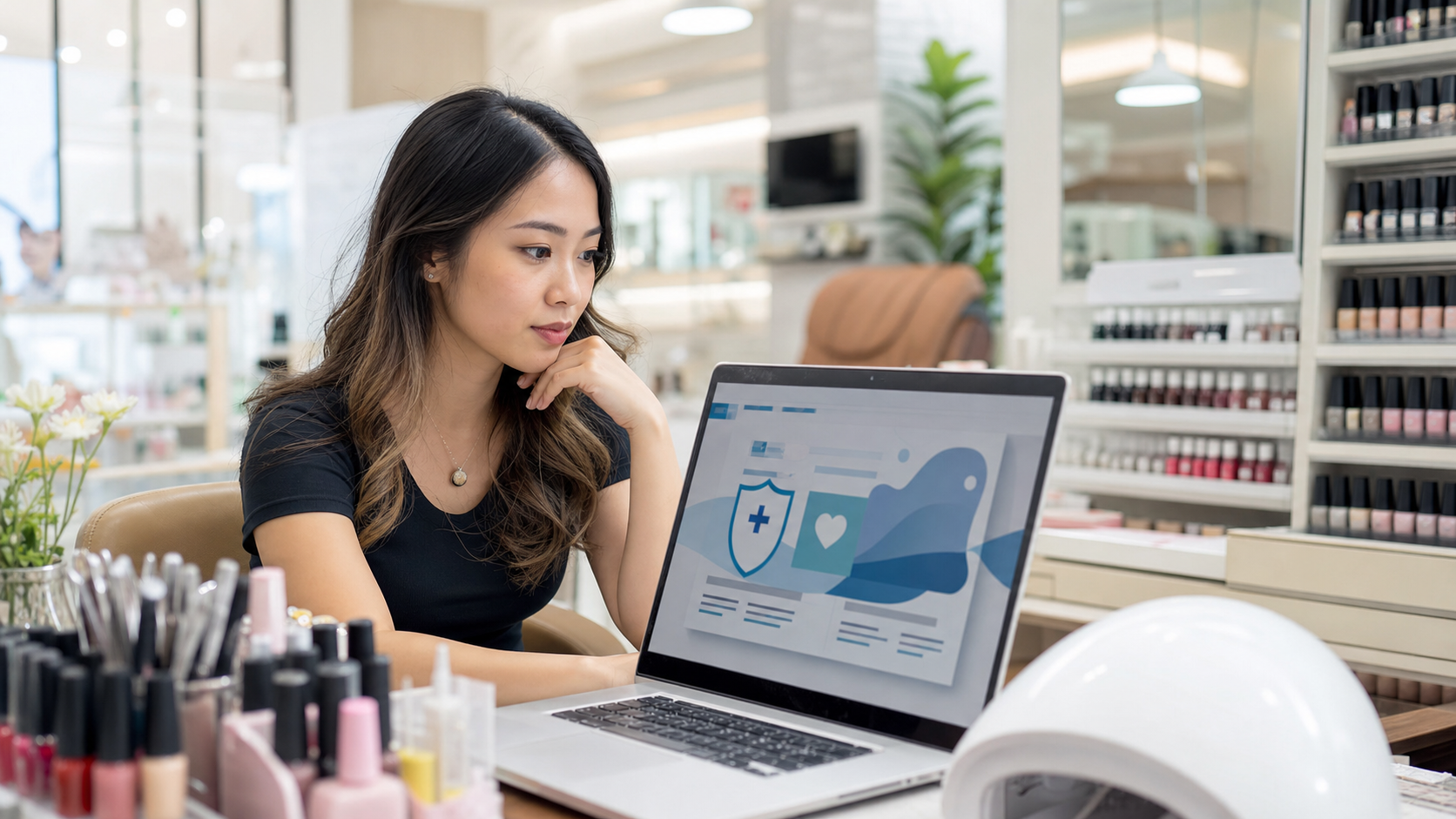Thợ nail xem thông tin bảo hiểm trên laptop