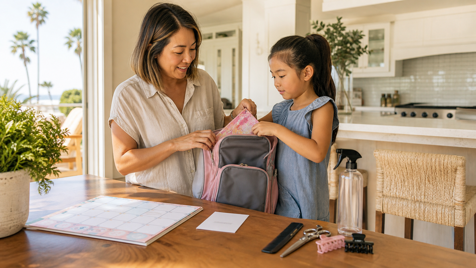 Orange County parent and child organizing backpack and calendar for back-to-school season