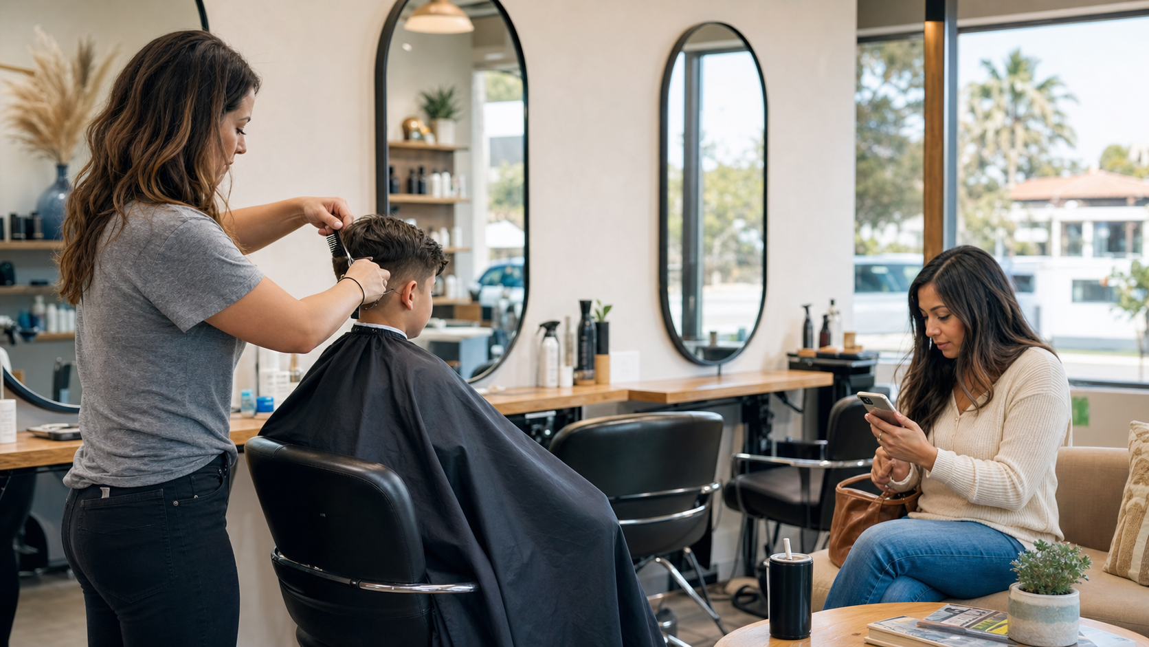 Child getting a neat haircut while parent checks back-to-school calendar