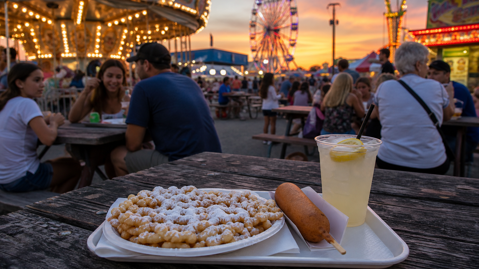 County fair food with funnel cake, corn dogs, lemonade and carnival lights