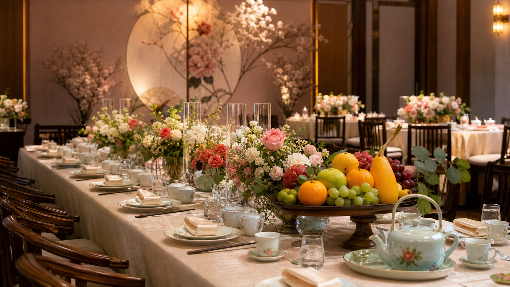 Vietnamese American family party setup with banquet table and flowers
