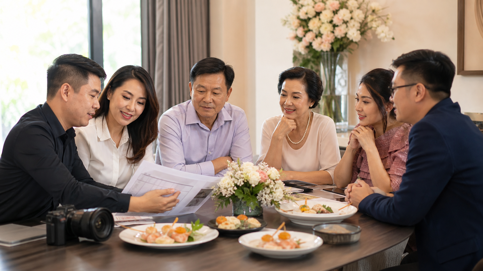 Family reviewing Vietnamese event vendor checklist with catering and flowers